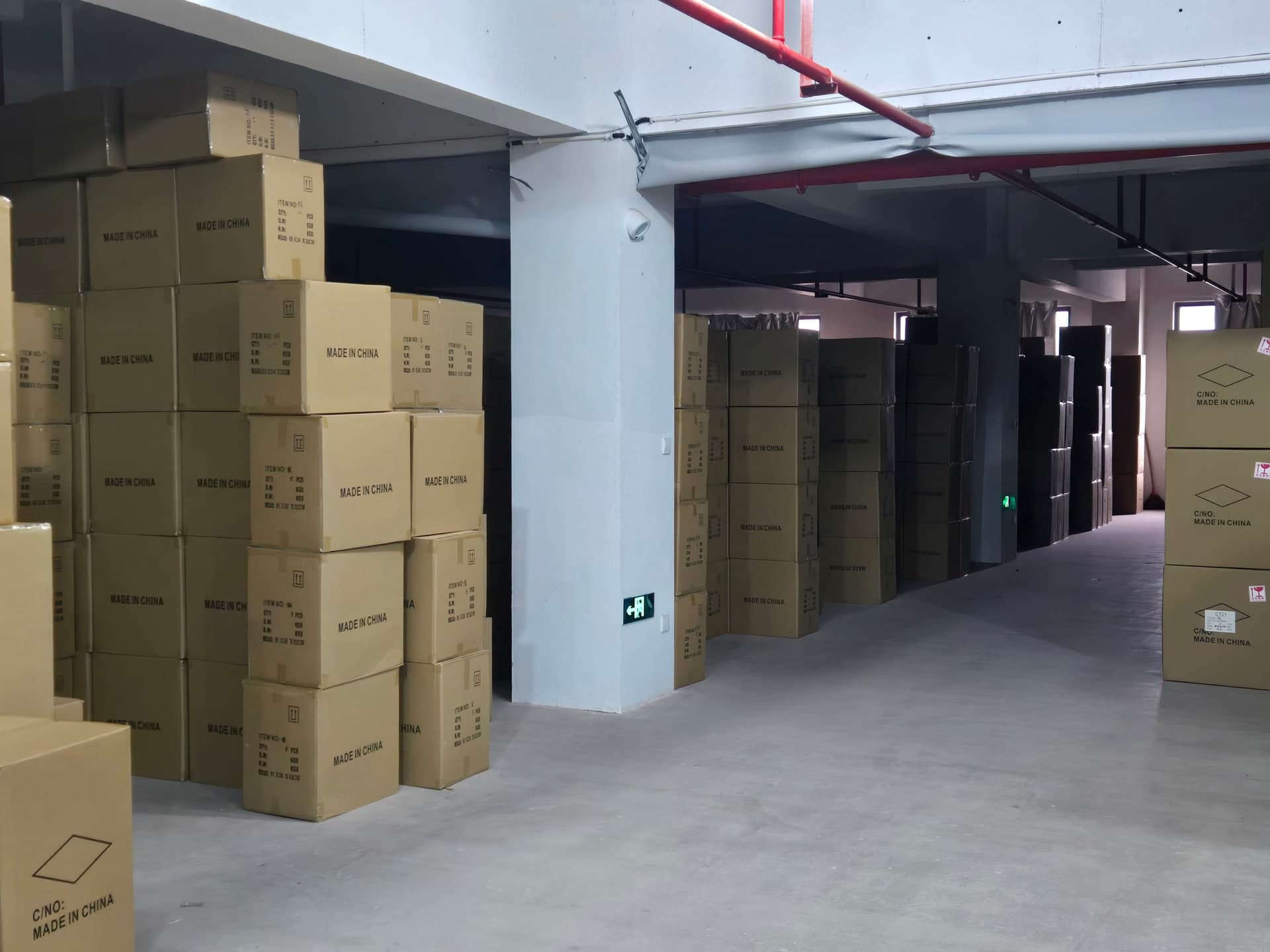 Export-ready Christmas ornament cartons and warehouse staging