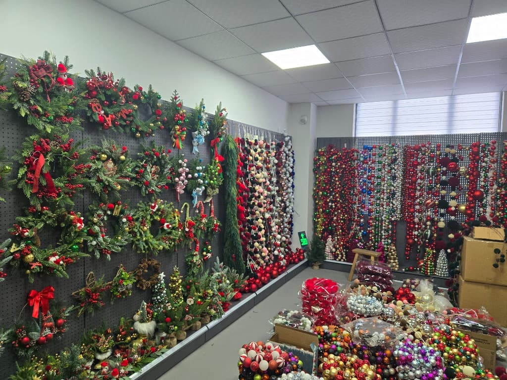 Christmas wreath and garland showroom with wholesale wreath programs on display for US and EU buyers