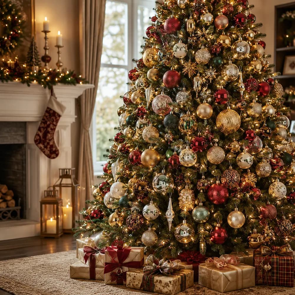 Christmas tree merchandising with premium ornaments for mass-retail seasonal programs